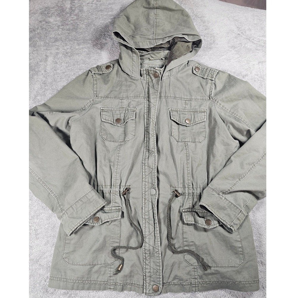 Rue21 Womens Utility Jacket Olive Green Hooded Military Anorak Coat Size L